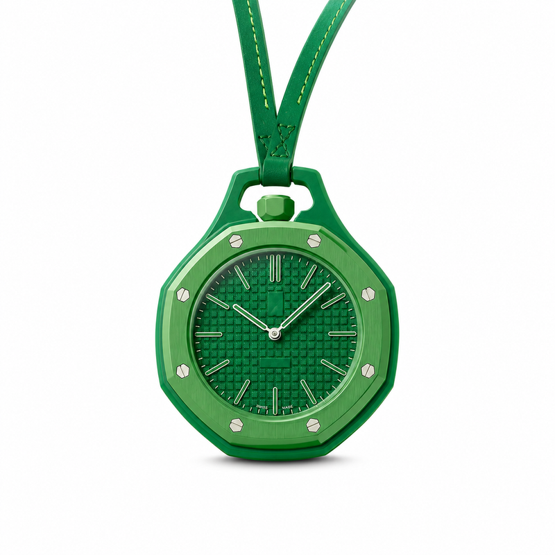 Royal Pop Emerald Octagon Pocket Watch – Green Tapisserie Dial with Leather Lanyard