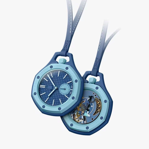 Royal Pop Azure Duo-Tone Pocket Watch – Blue Tapisserie Dial with Skeleton Caseback and Leather Lanyard