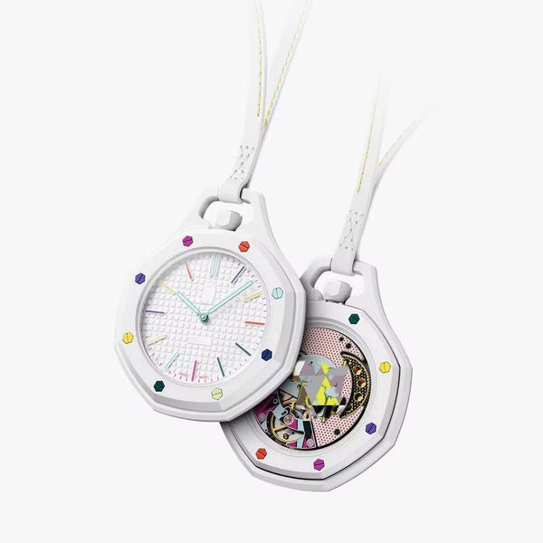 Royal Pop pistachio green and sky blue octagonal pocket watch with mint tapisserie dial and skeleton exhibition caseback on leather lanyard