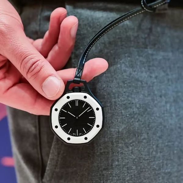 Royal Pop black and white panda octagonal pocket watch with black tapisserie dial on black leather lanyard