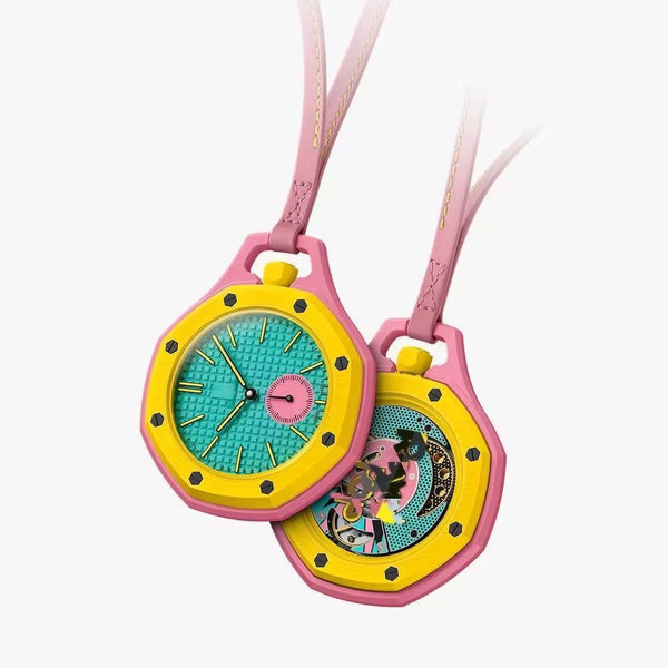 Royal Pop pink and yellow octagonal pocket watch with turquoise tapisserie dial, small seconds sub-dial and skeleton exhibition caseback