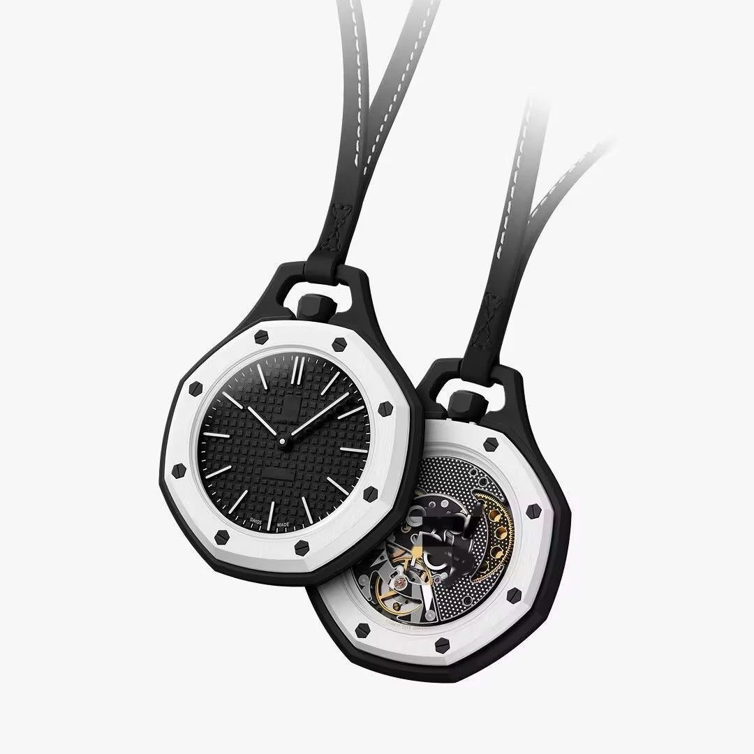 Royal Pop black and white reverse panda octagonal pocket watch with black tapisserie dial and skeleton exhibition caseback on black leather lanyard
