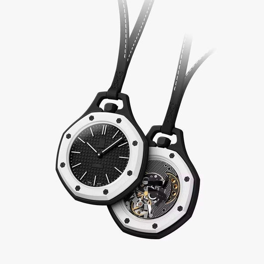 Royal Pop black and white reverse panda octagonal pocket watch with black tapisserie dial and skeleton exhibition caseback on black leather lanyard