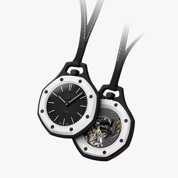 Royal Pop black and white reverse panda octagonal pocket watch with black tapisserie dial and skeleton exhibition caseback on black leather lanyard