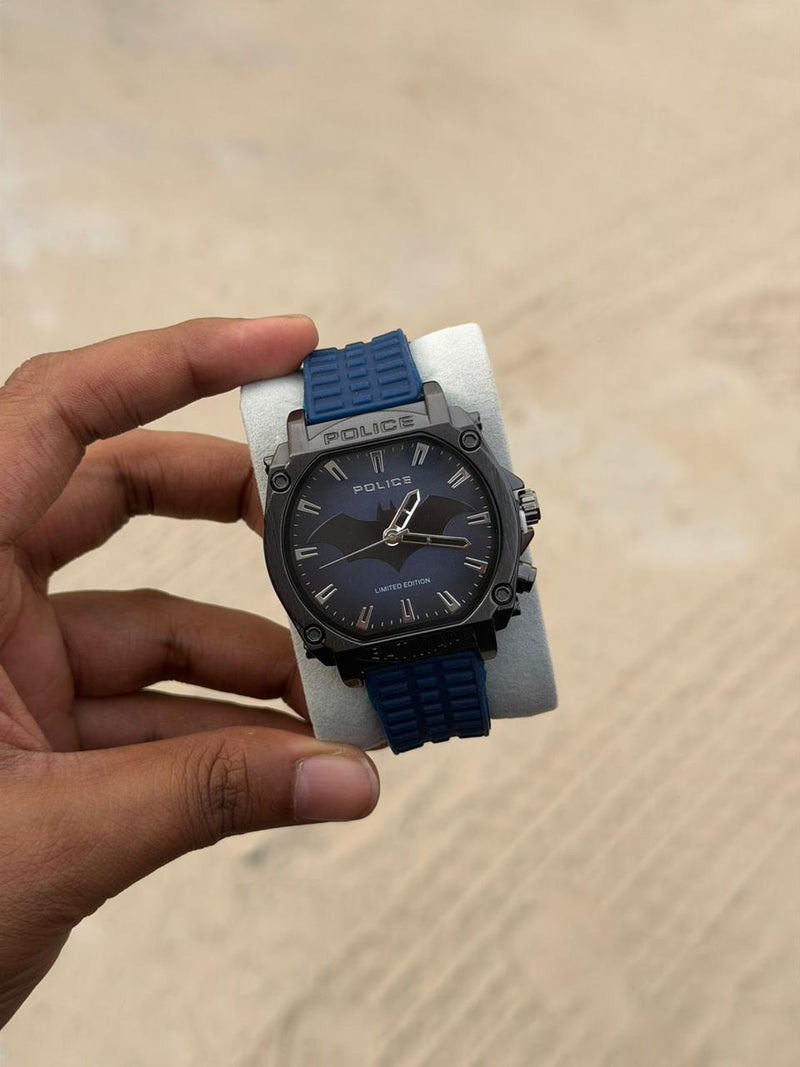 Police Batman Limited Edition navy steel octagonal sports watch with bat-silhouette dial