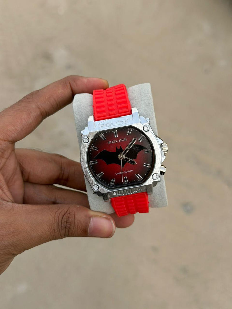 Police Batman Limited Edition red and black octagonal sports watch with bat-silhouette dial