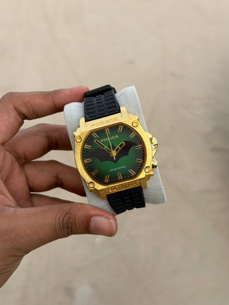 Police Batman Limited Edition gold octagonal sports watch with green bat-silhouette dial and black strap