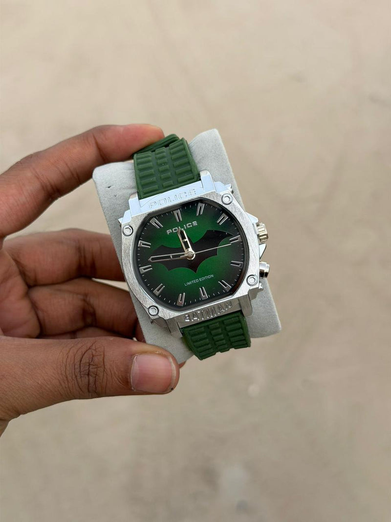 Police Batman Limited Edition green and silver steel octagonal sports watch with bat-silhouette dial