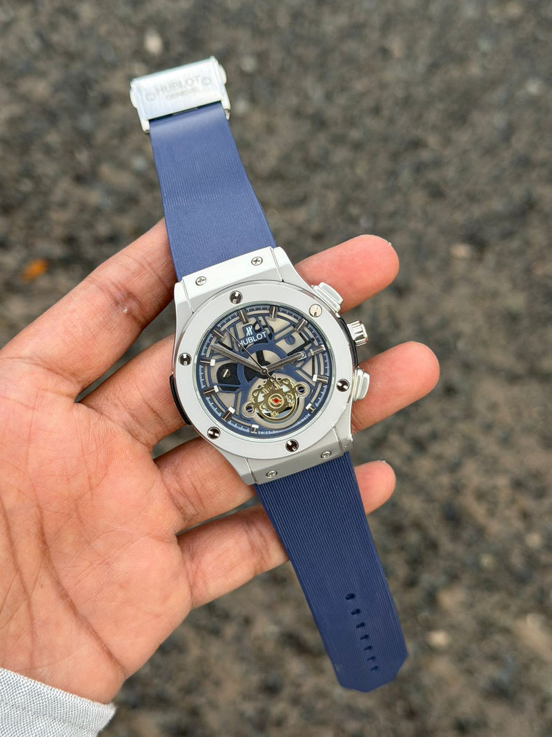 Hublot Classic Fusion Skeleton steel watch with blue open-worked dial and blue rubber strap