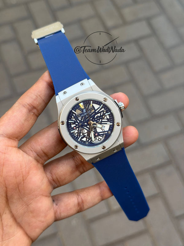 Hublot Big Bang black skeleton dial chronograph watch with black rubber strap