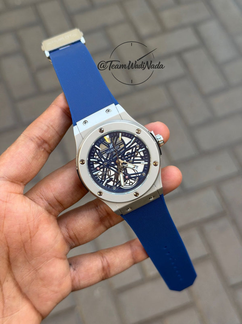 Hublot Big Bang black skeleton dial chronograph watch with black rubber strap