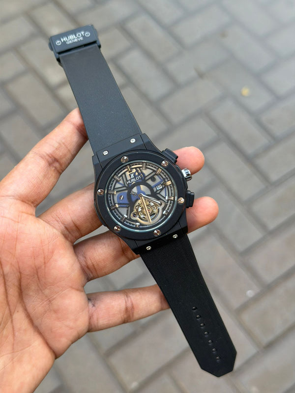 Hublot Big Bang steel skeleton dial chronograph watch with black rubber strap