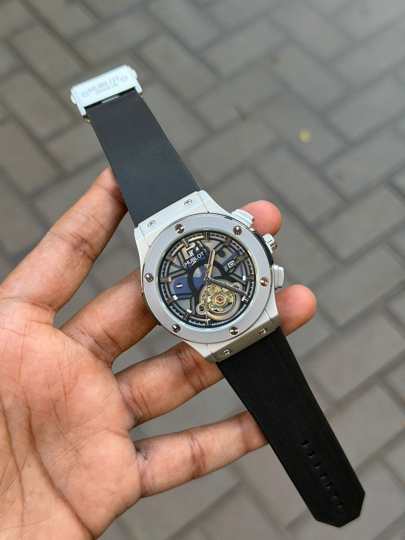 Hublot Big Bang steel white skeleton dial watch with black leather strap