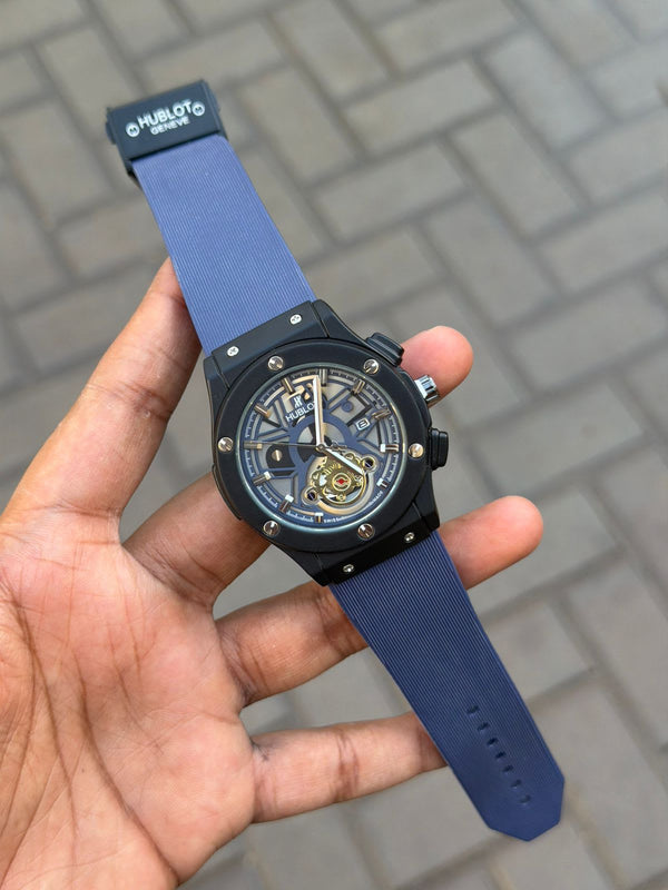 Hublot Big Bang black case skeleton dial watch with grey leather strap