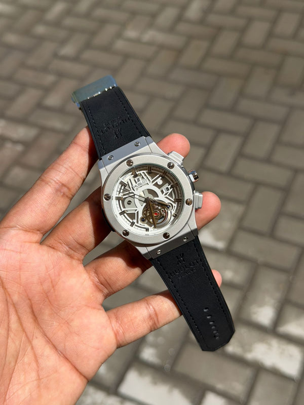 Hublot Big Bang steel skeleton dial watch with brown leather strap