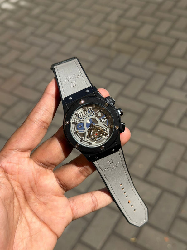 Hublot Big Bang steel skeleton dial watch with green leather strap