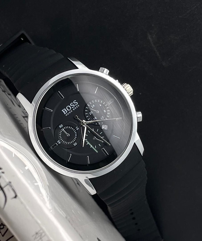 Hugo Boss chronograph white dial steel watch with green silicone strap